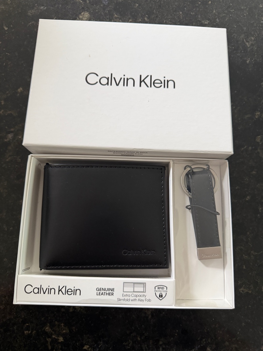 BNIB Men’s Calvin Klein RFID Black Leather Slim-fold Wallet and Keychain Fob